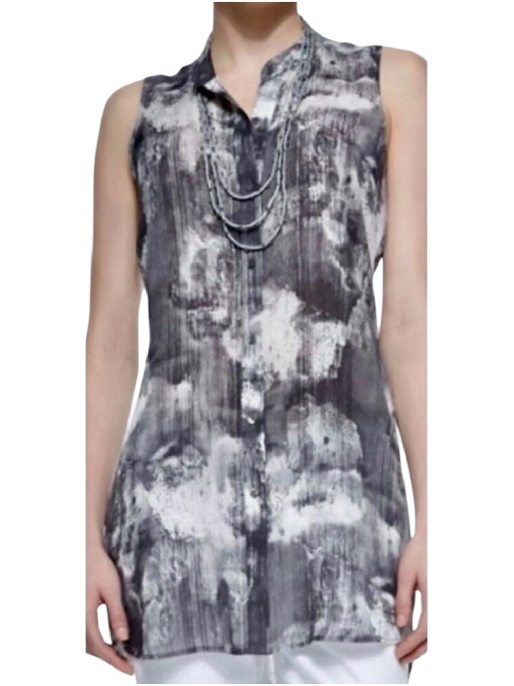 EILEEN FISHER Women’s Silk Ink Blot Crinkle Button up Sleeveless top
